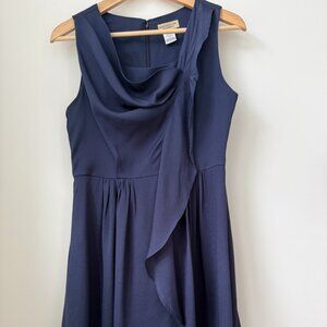 Moon Collection Navy Chiffon Dress w/ Draped Cowl Neck & Waterfall Ruffle